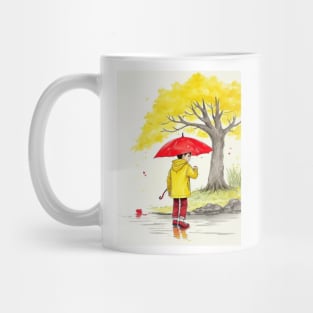 kid  playing in water puddles. Mug